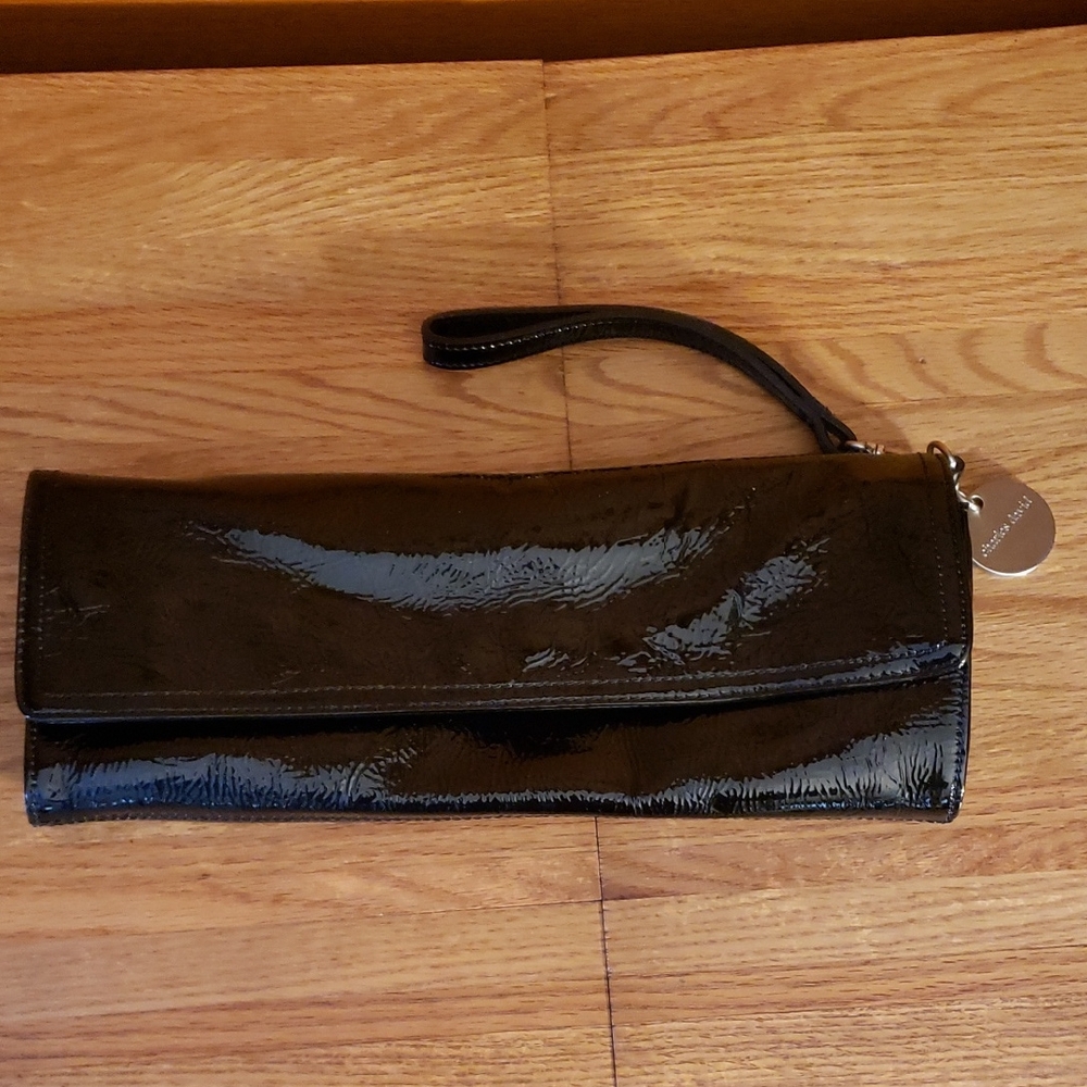 Charles David Black Patent Wristlet with Gold Trim